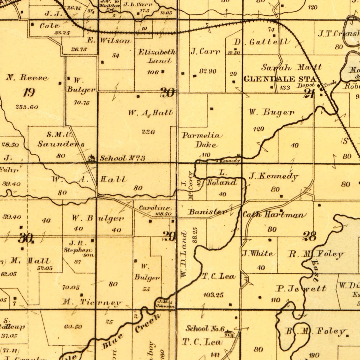 Restored historic details from the 1887 county map of Jackson County, Missouri