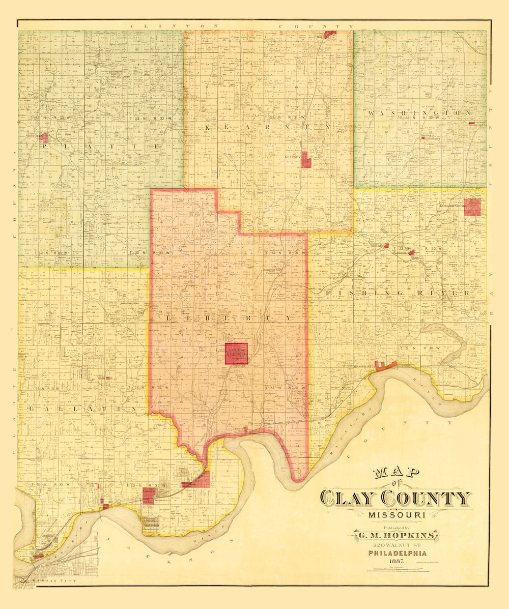 Vintage Map of Clay County, Missouri 1887 print style example