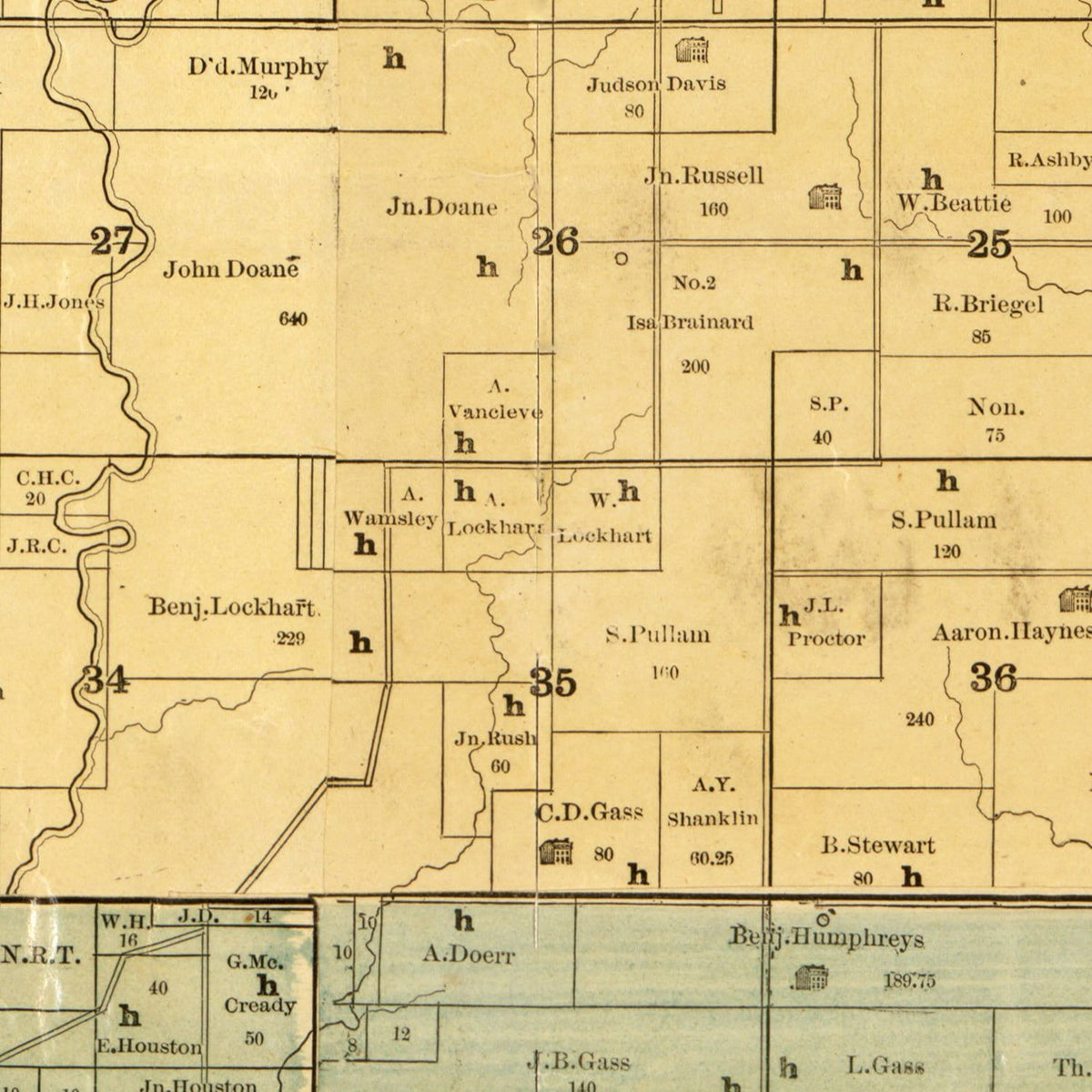 Restored historic details from the 1890 county map of Gundy County, Missouri