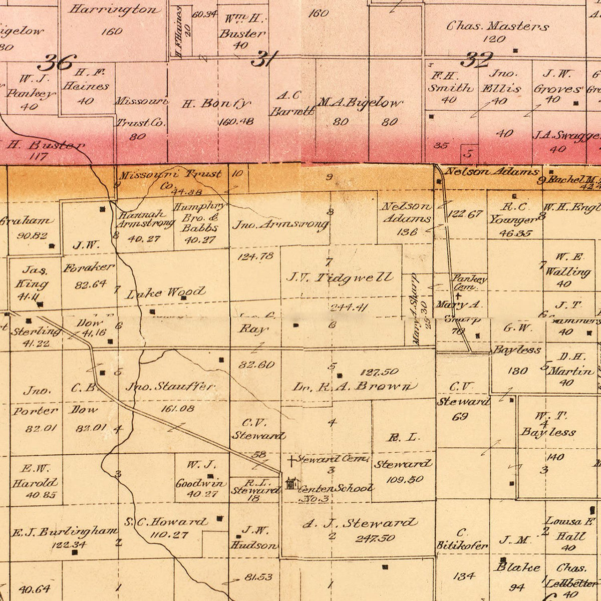 Restored historic details from the 1897 county map of Cedar County, Missouri