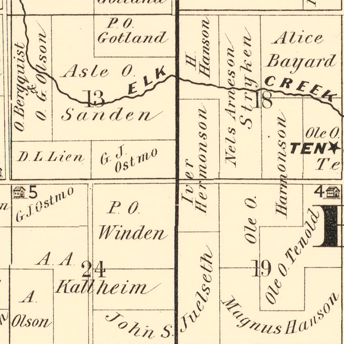 Restored historic details from the 1894 county map of Worth County, Iowa
