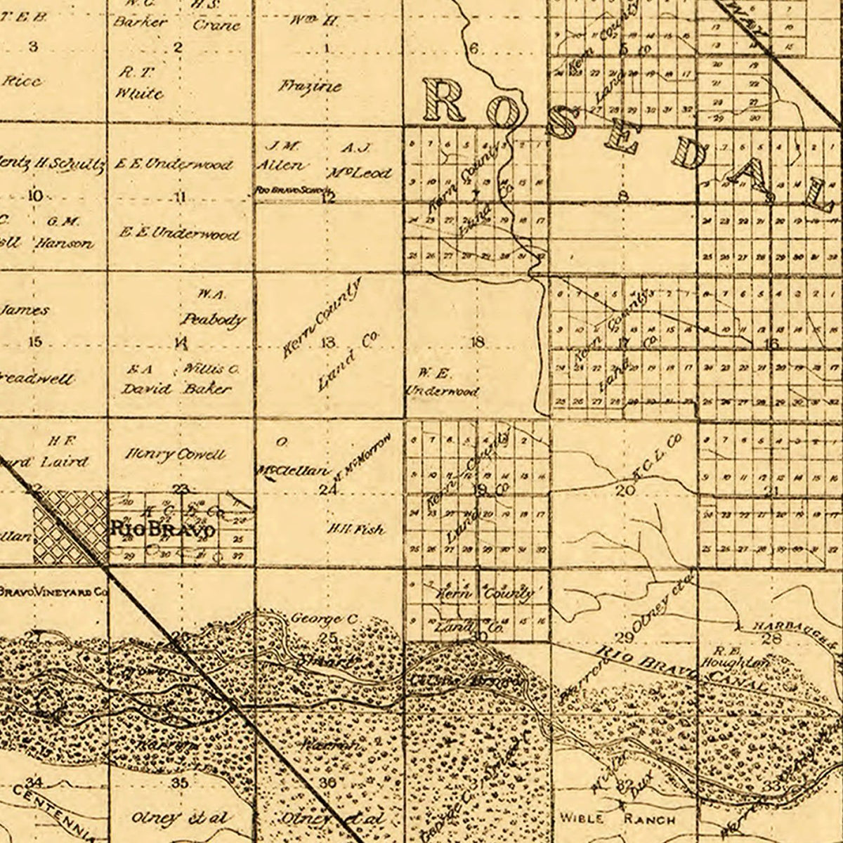 Restored historic details from the 1897 county map of Kern County, California