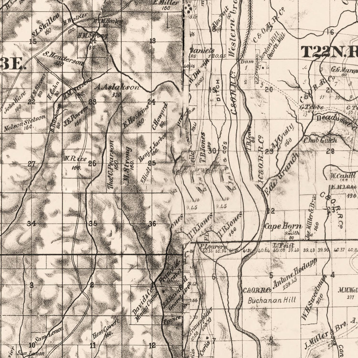 Restored historic details from the 1886 county map of Butte County, California