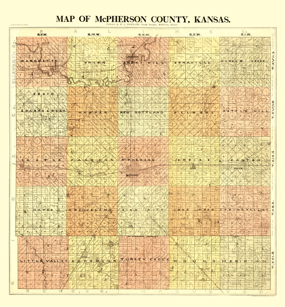 Vintage Map of McPherson County, Kansas 1898 print style example