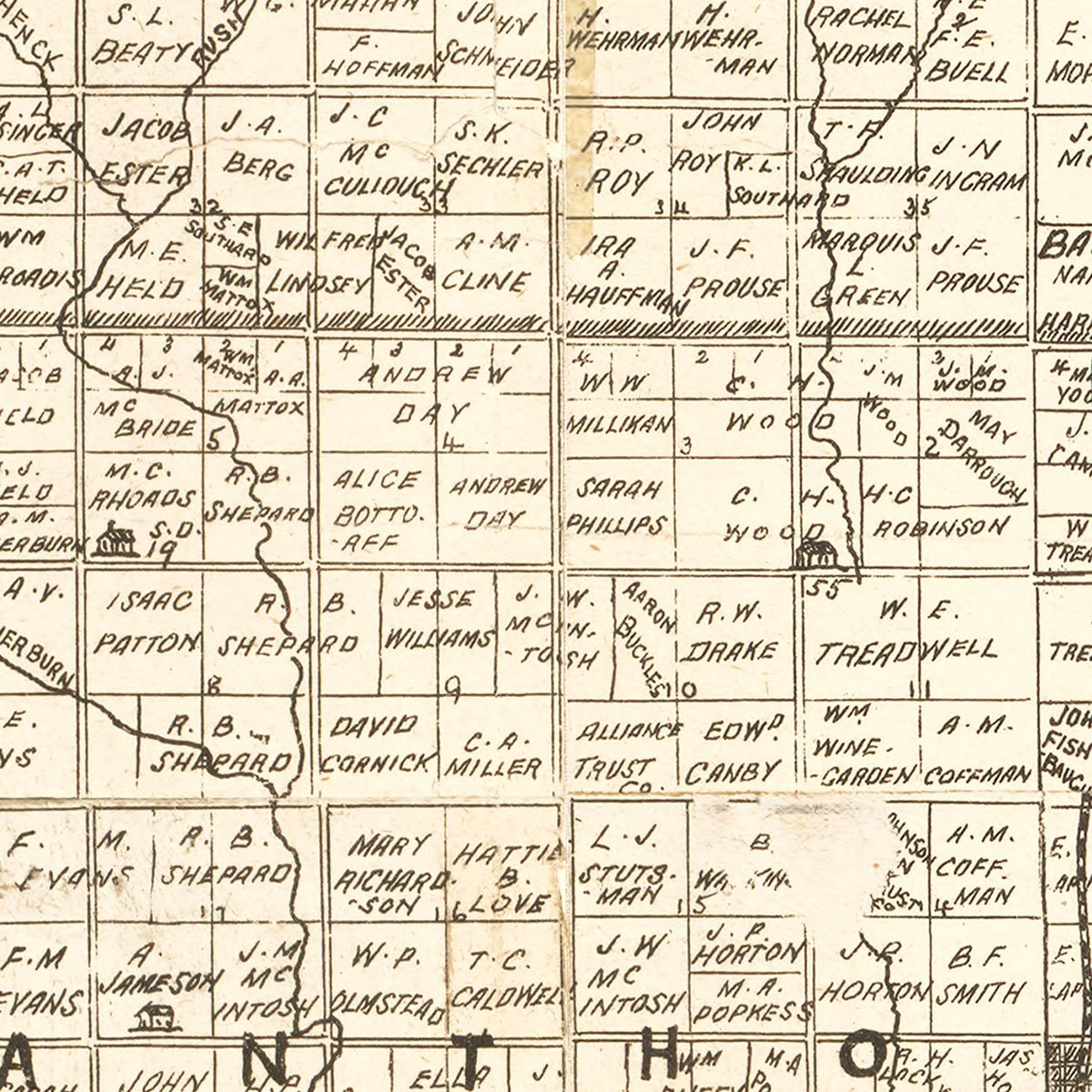 Restored historic details from the 1893 county map of Harper County, Kansas
