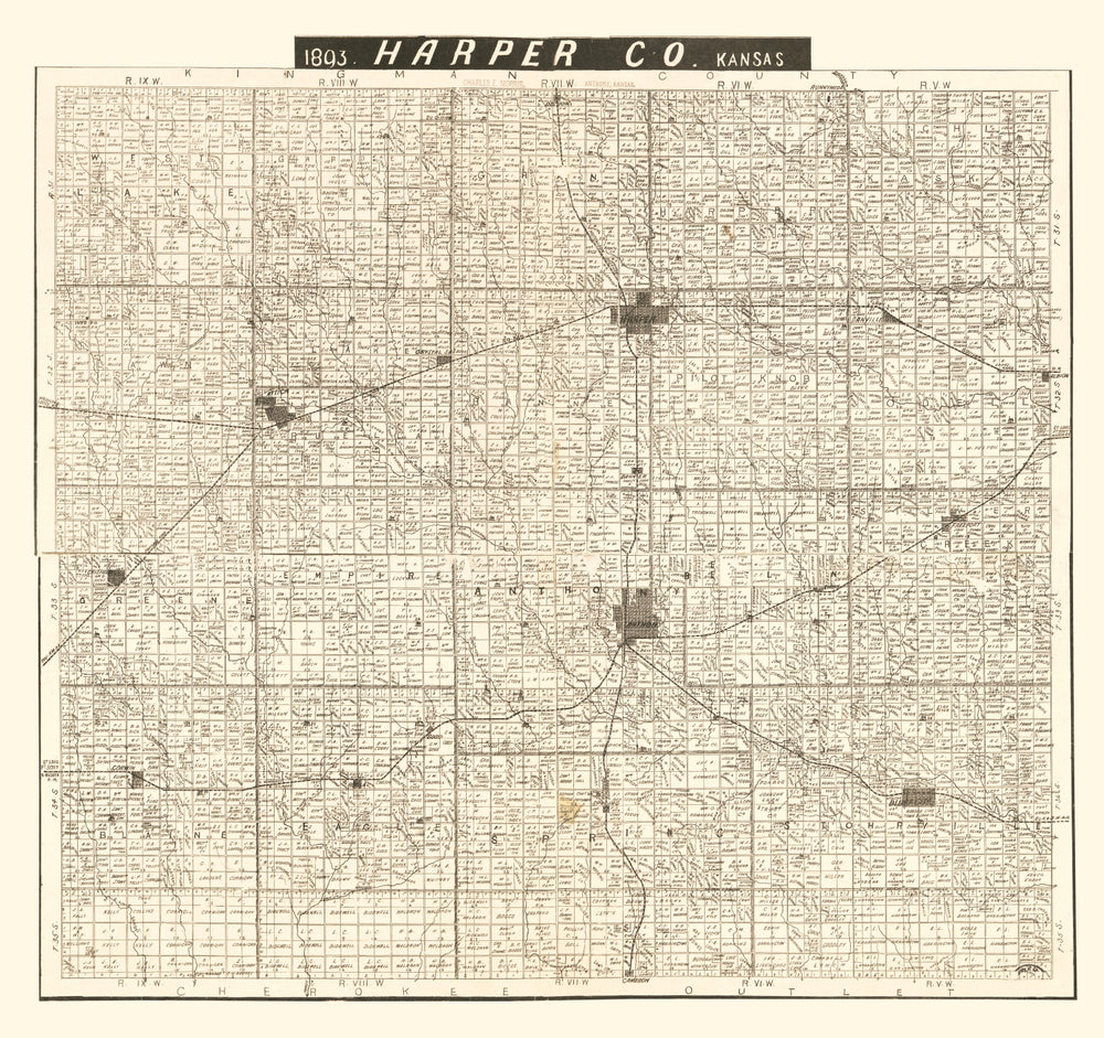 Vintage Map of Harper County, Kansas 1893 print style example