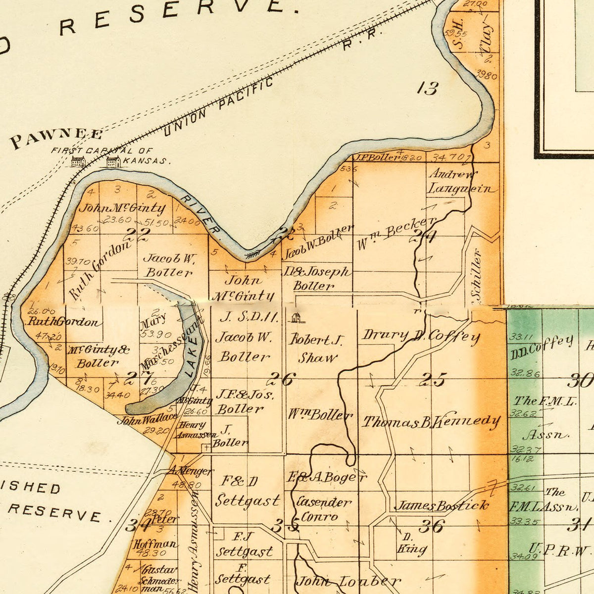 Restored historic details from the 1897 county map of Geary County, Kansas