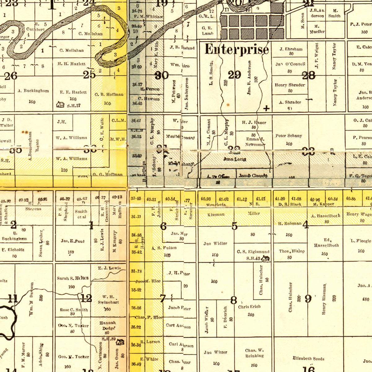 Restored historic details from the 1885 county map of Dickinson County, Kansas