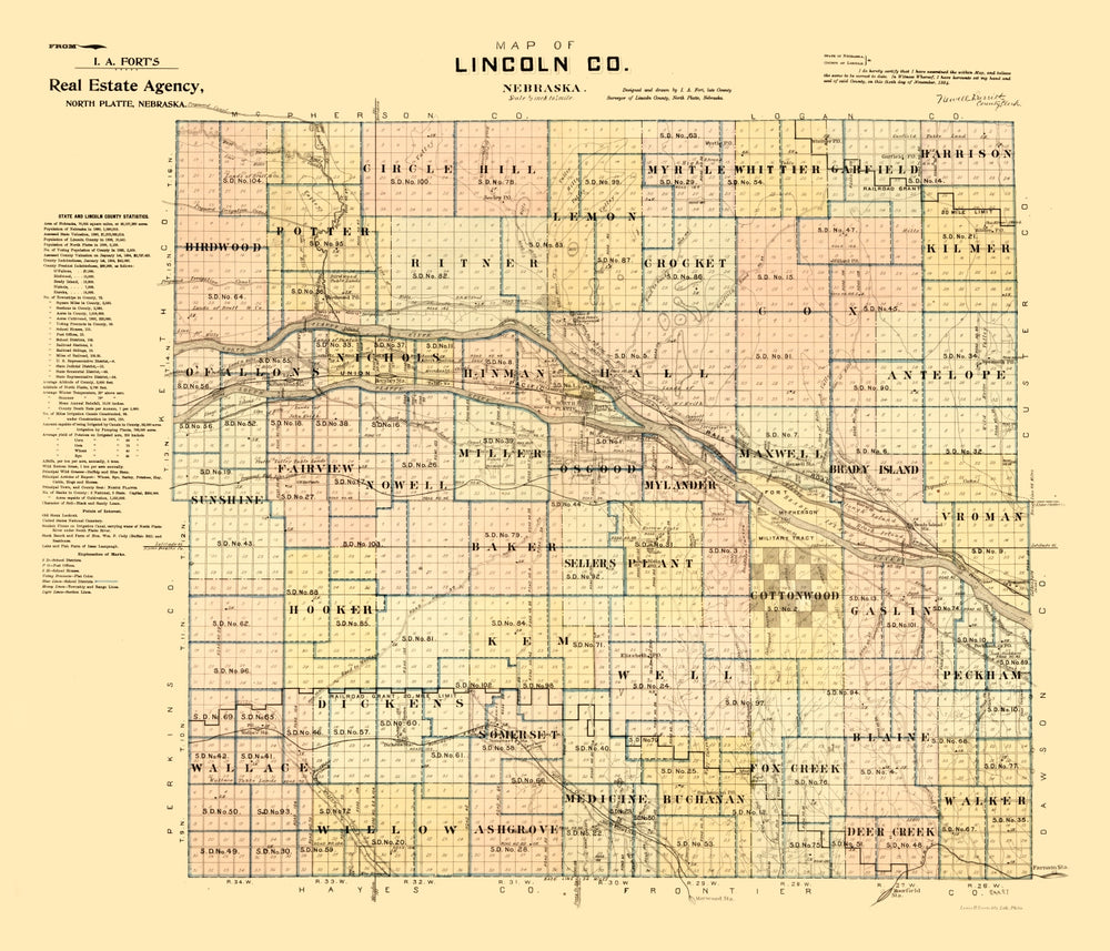 Vintage Map of Lincoln County, Nebraska 1894 print style example