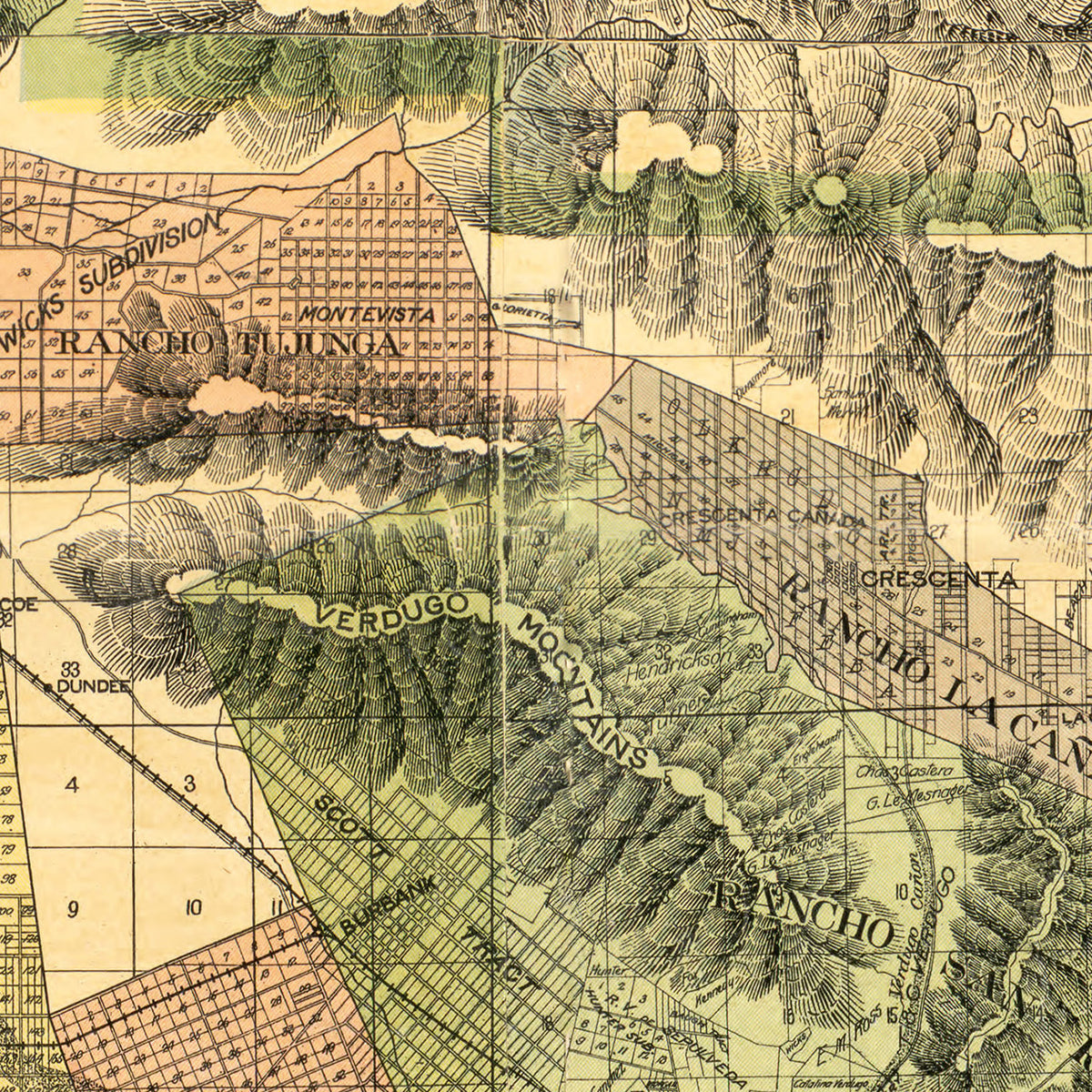 Restored historic details from the 1898 county map of Los Angeles County, California