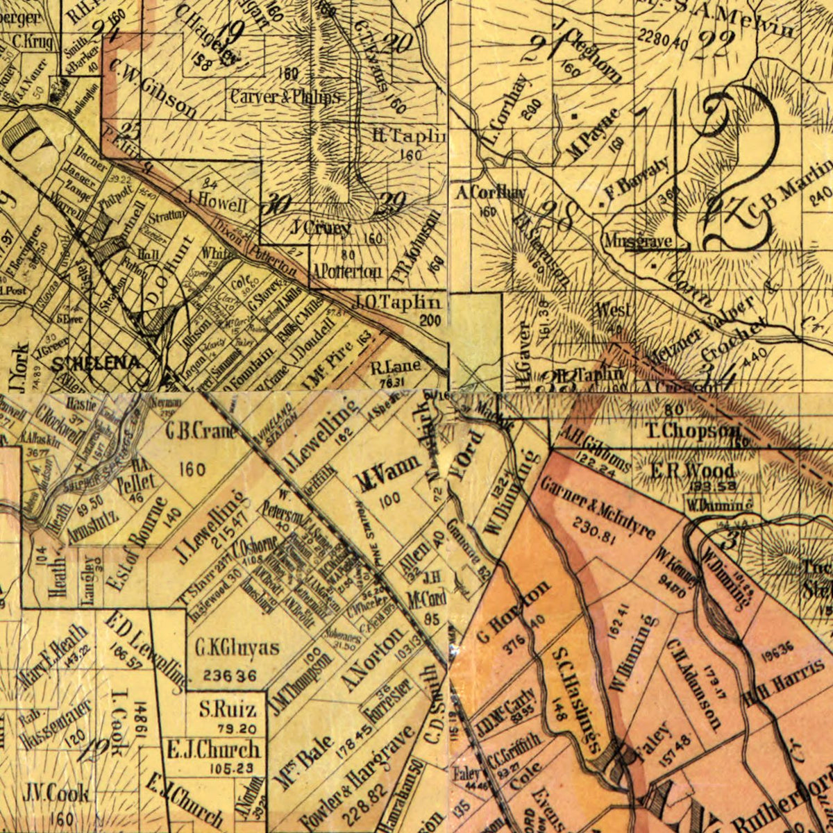 Restored historic details from the 1876 county map of Napa County, California