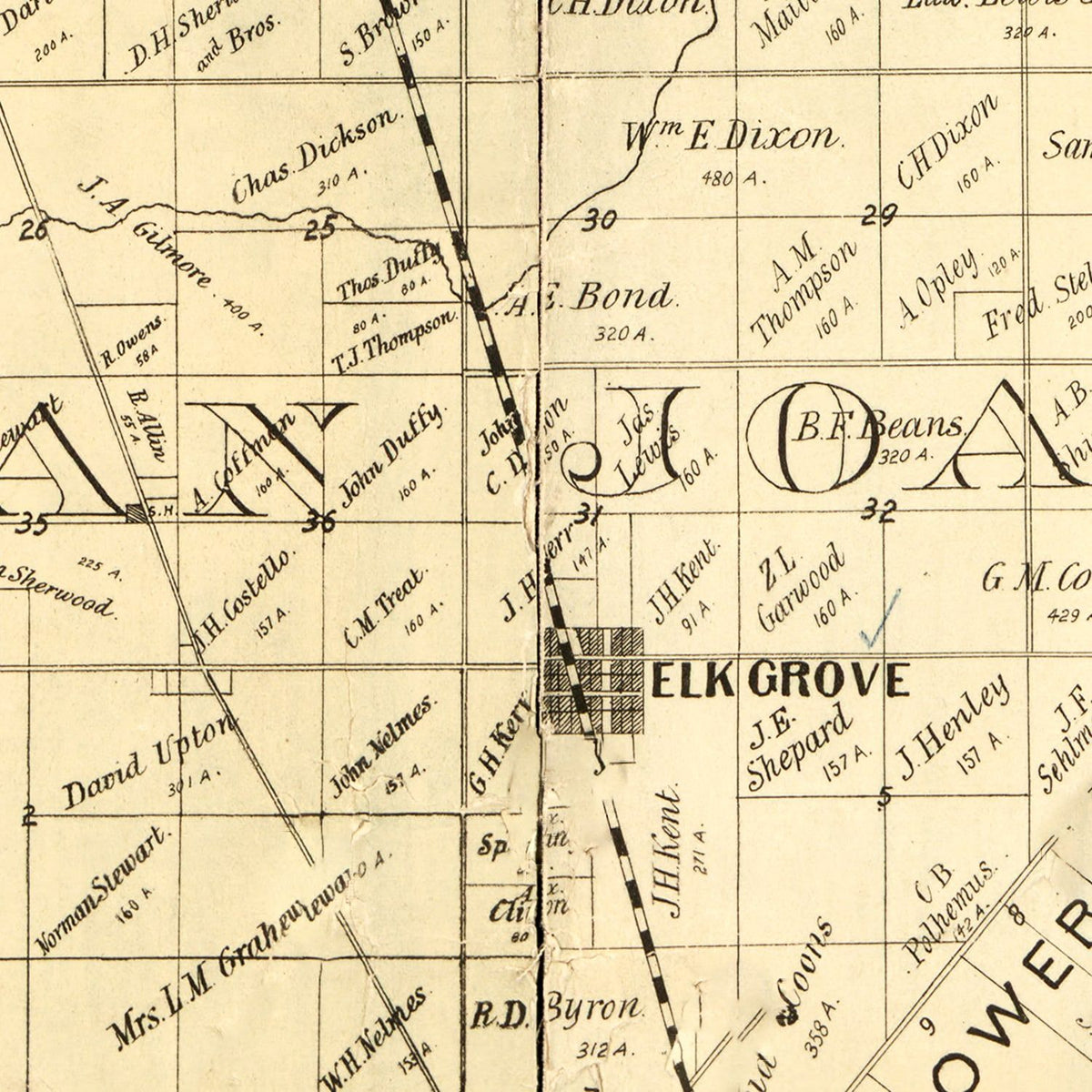 Restored historic details from the 1885 county map of Sacramento County, California