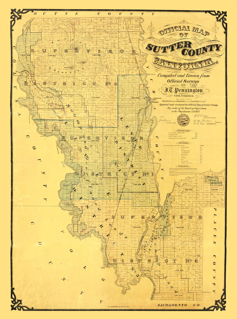 Vintage Map of Sutter County, California 1873 print style example