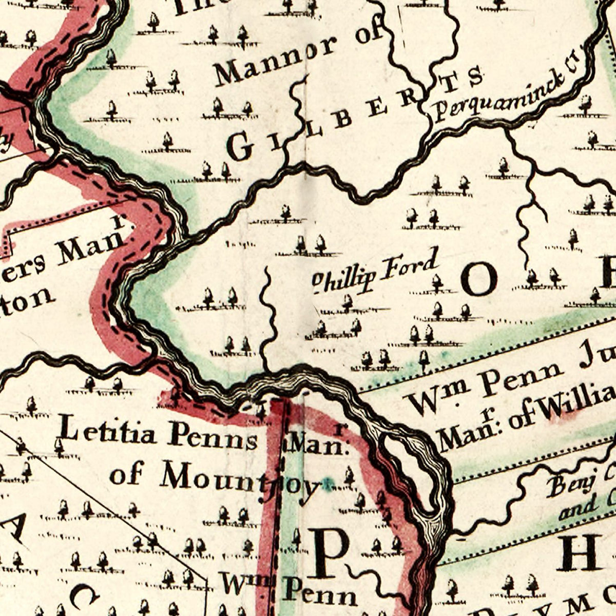 Restored historic details from the 1687 state map of Pennsylvania, Pennsylvania