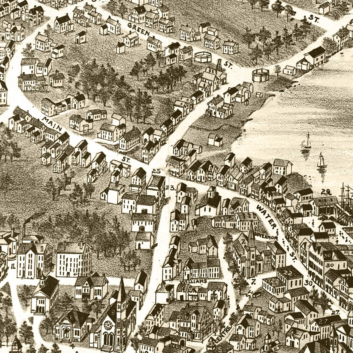 Restored historic details from the 1877 city map of Exeter, New Hampshire