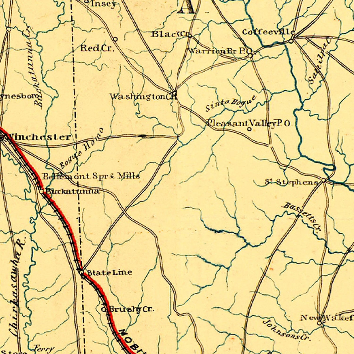 Restored historic details from the 1863 state map of Alabama, Alabama