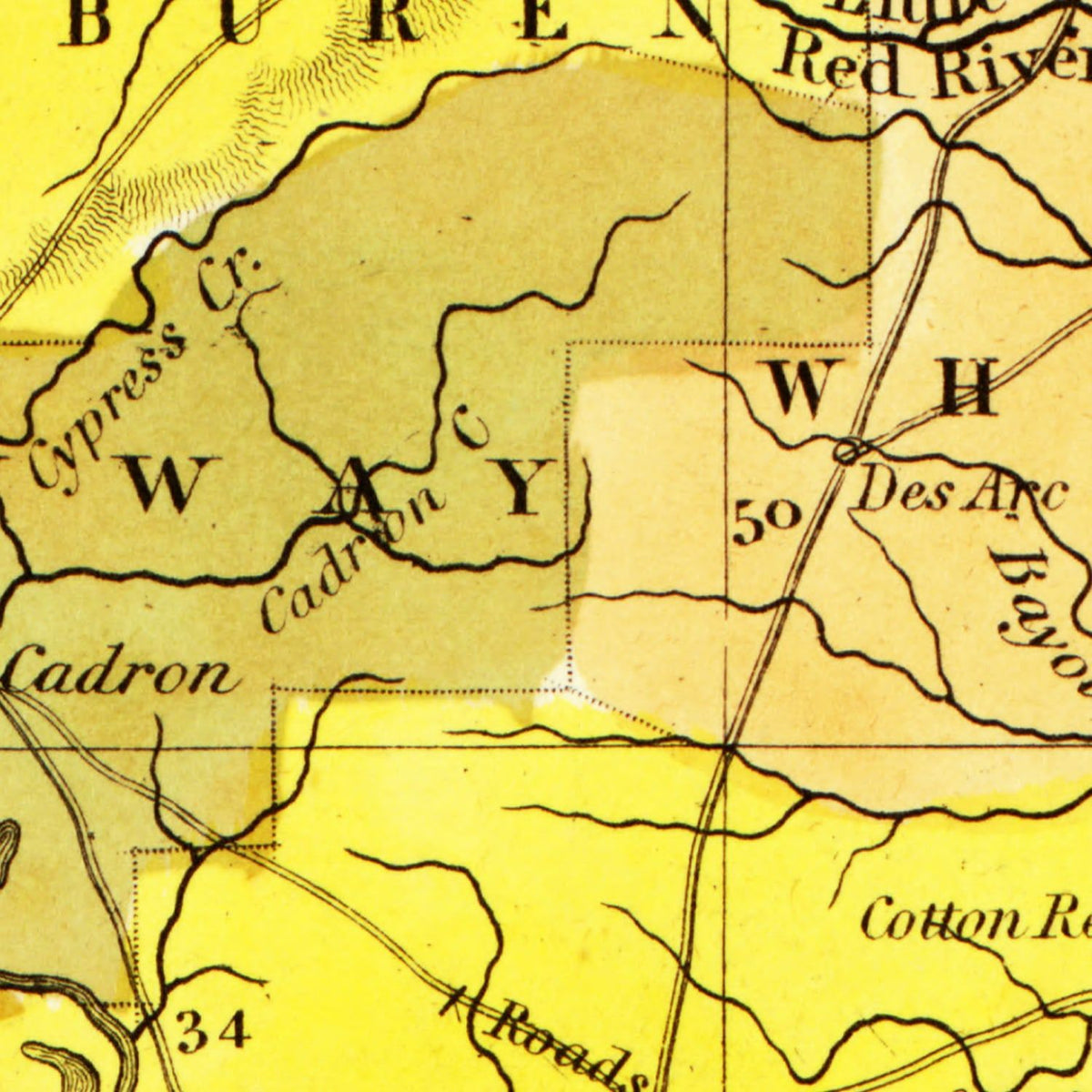 Restored historic details from the 1847 state map of Arkansas, Arkansas