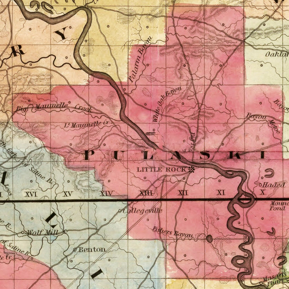 Restored historic details from the 1852 state map of Arkansas, Arkansas