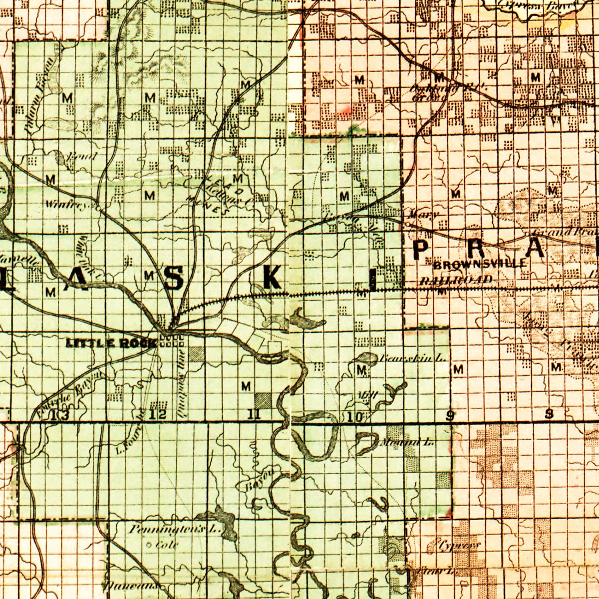 Restored historic details from the 1866 state map of Arkansas, Arkansas