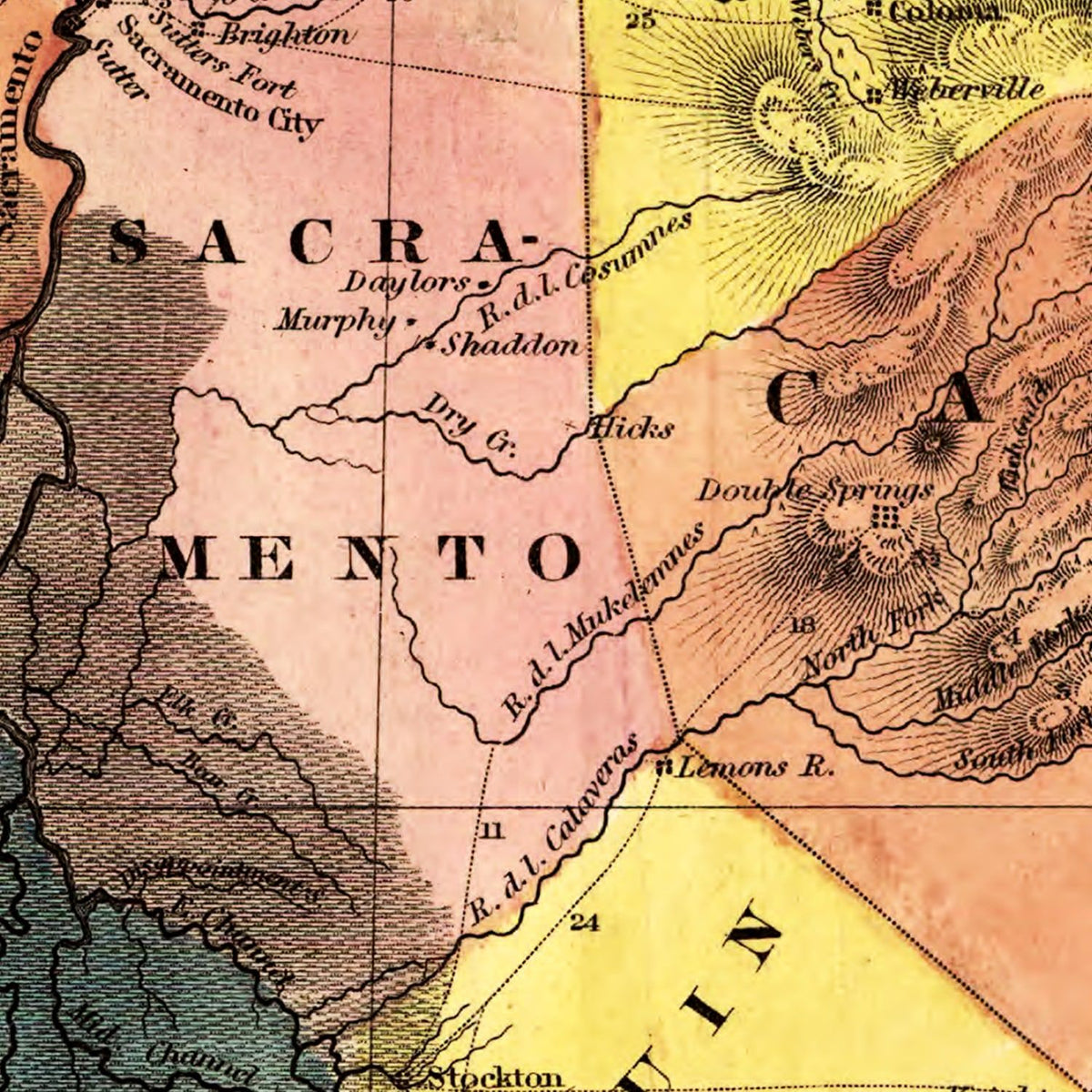 Restored historic details from the 1851 state map of California, California