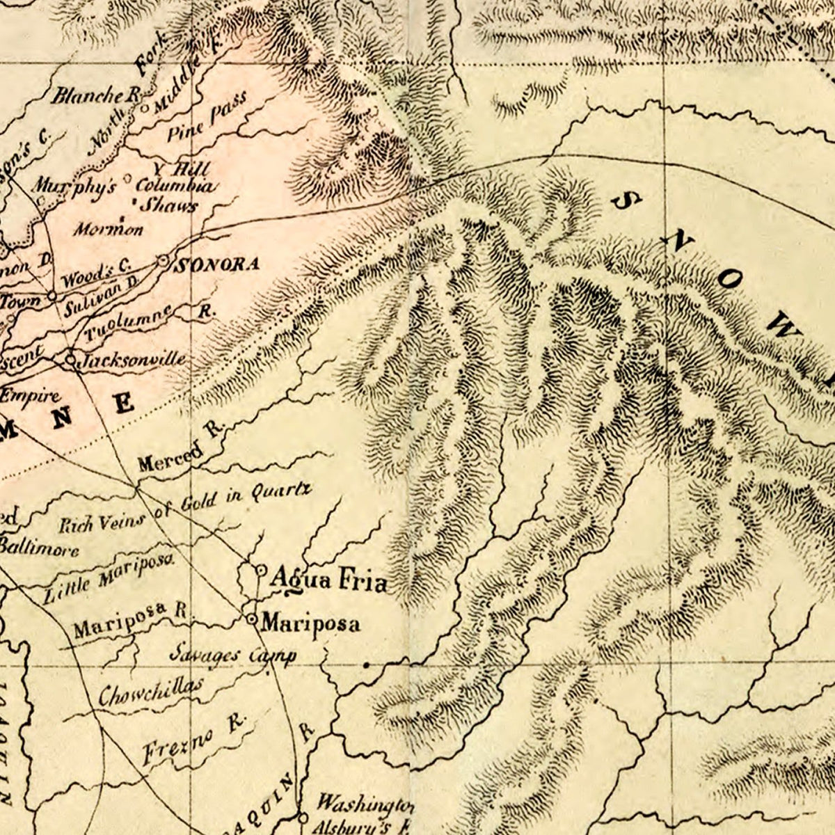 Restored historic details from the 1851 state map of California, California