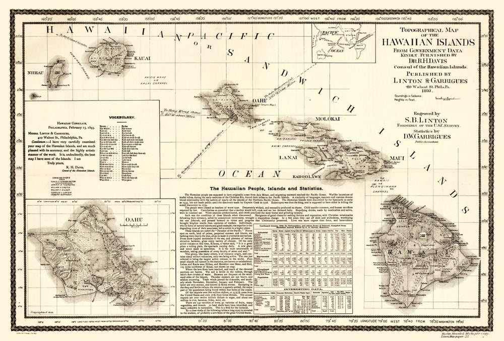 Vintage Map of Hawaii 1893 print style example