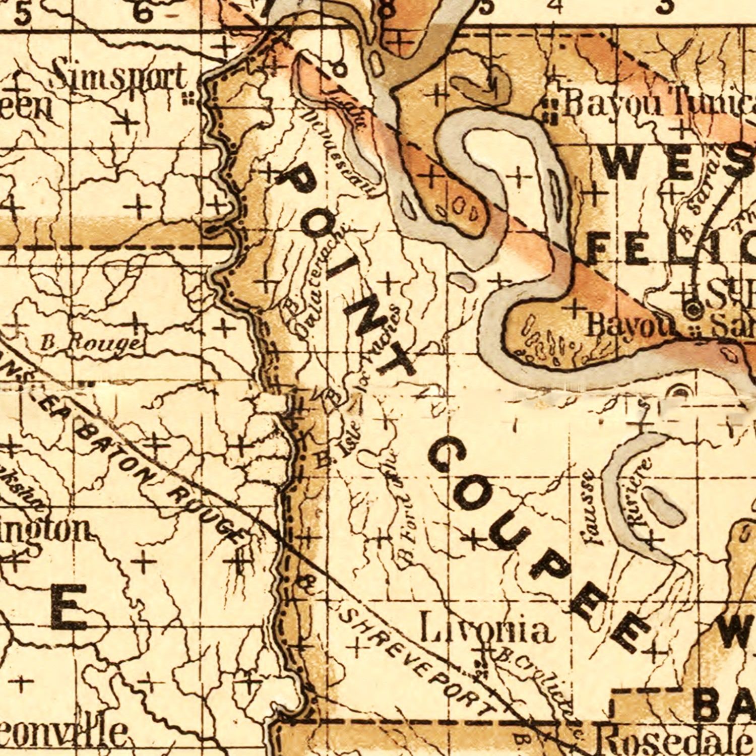 Restored historic details from the 1876 state map of Louisiana, Louisiana