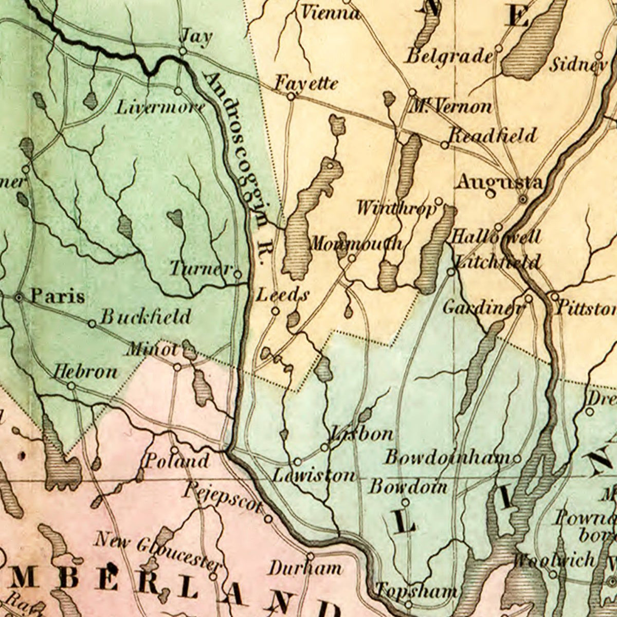 Restored historic details from the 1826 state map of Maine, Maine
