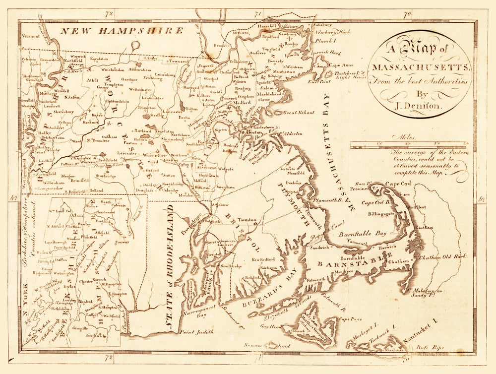 Vintage Map of Massachusetts 1796 print style example