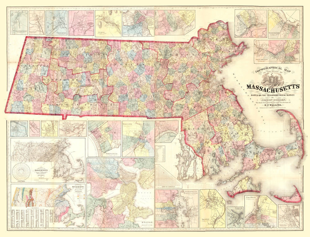 Vintage Map of Massachusetts 1861 print style example