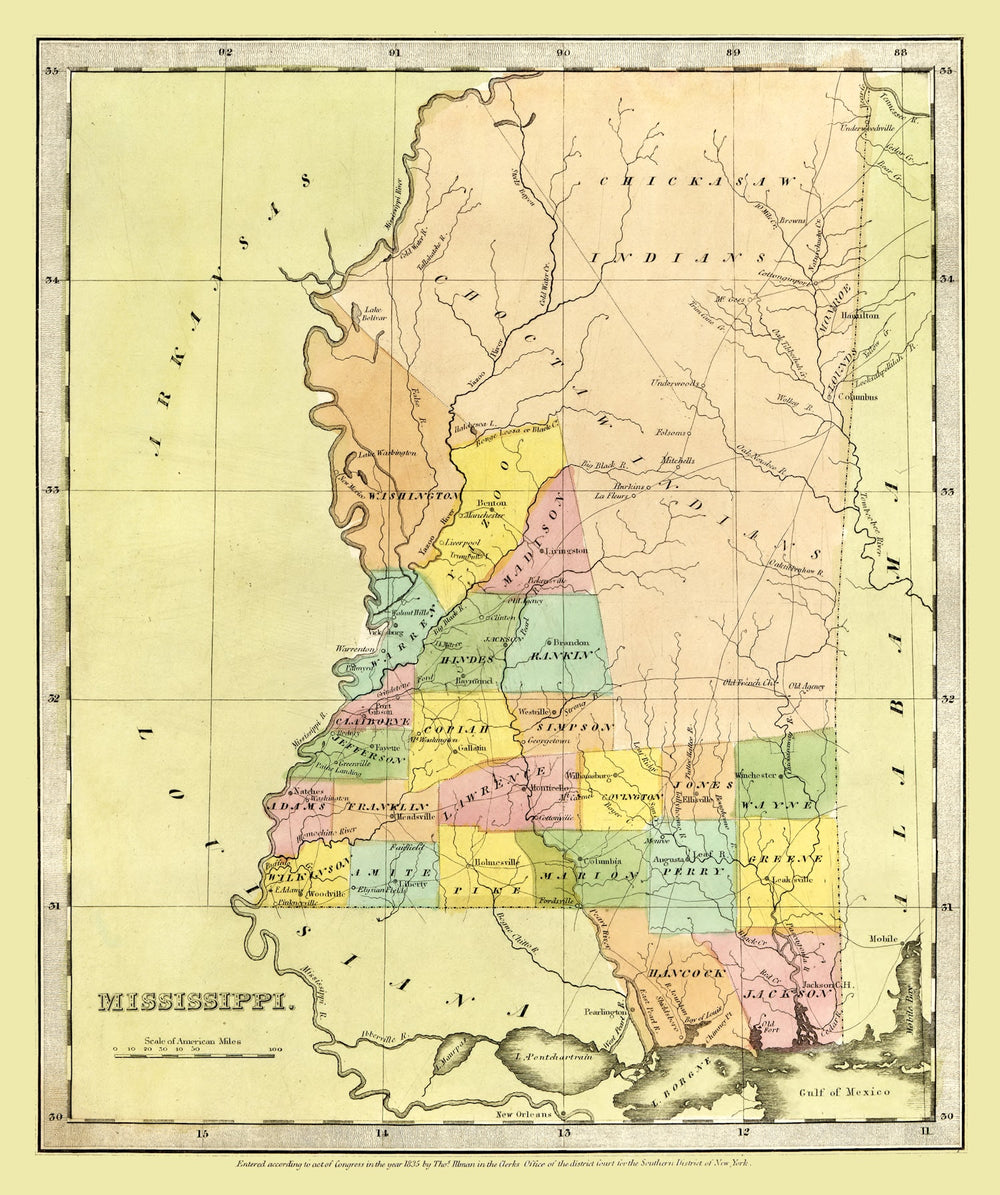 Vintage Map of Mississippi 1835 print style example