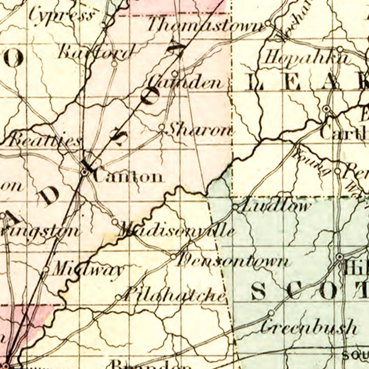Restored historic details from the 1855 state map of Mississippi, Mississippi
