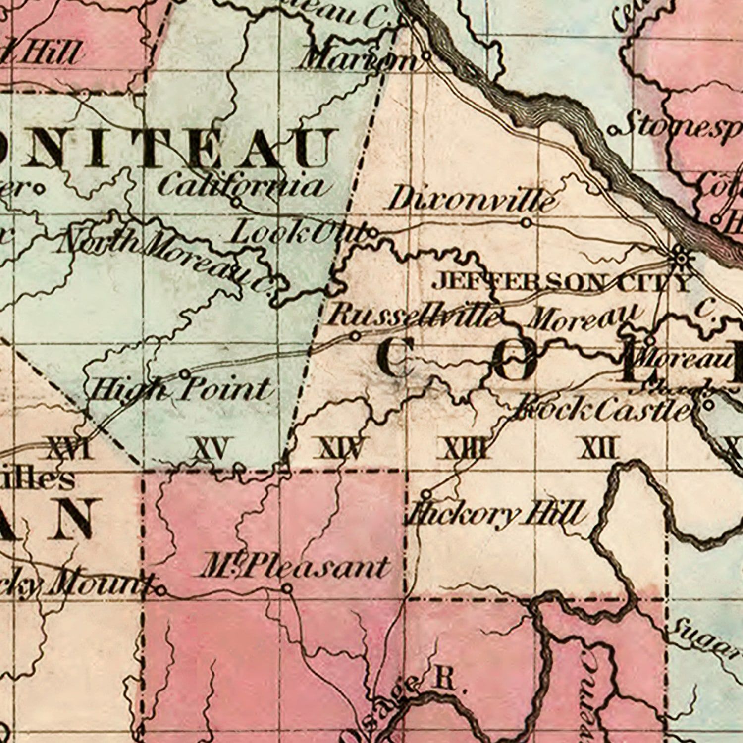 Restored historic details from the 1851 state map of Missouri, Missouri