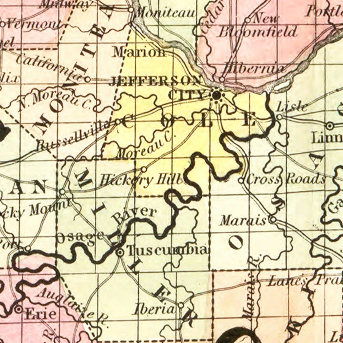 Restored historic details from the 1852 state map of Missouri, Missouri