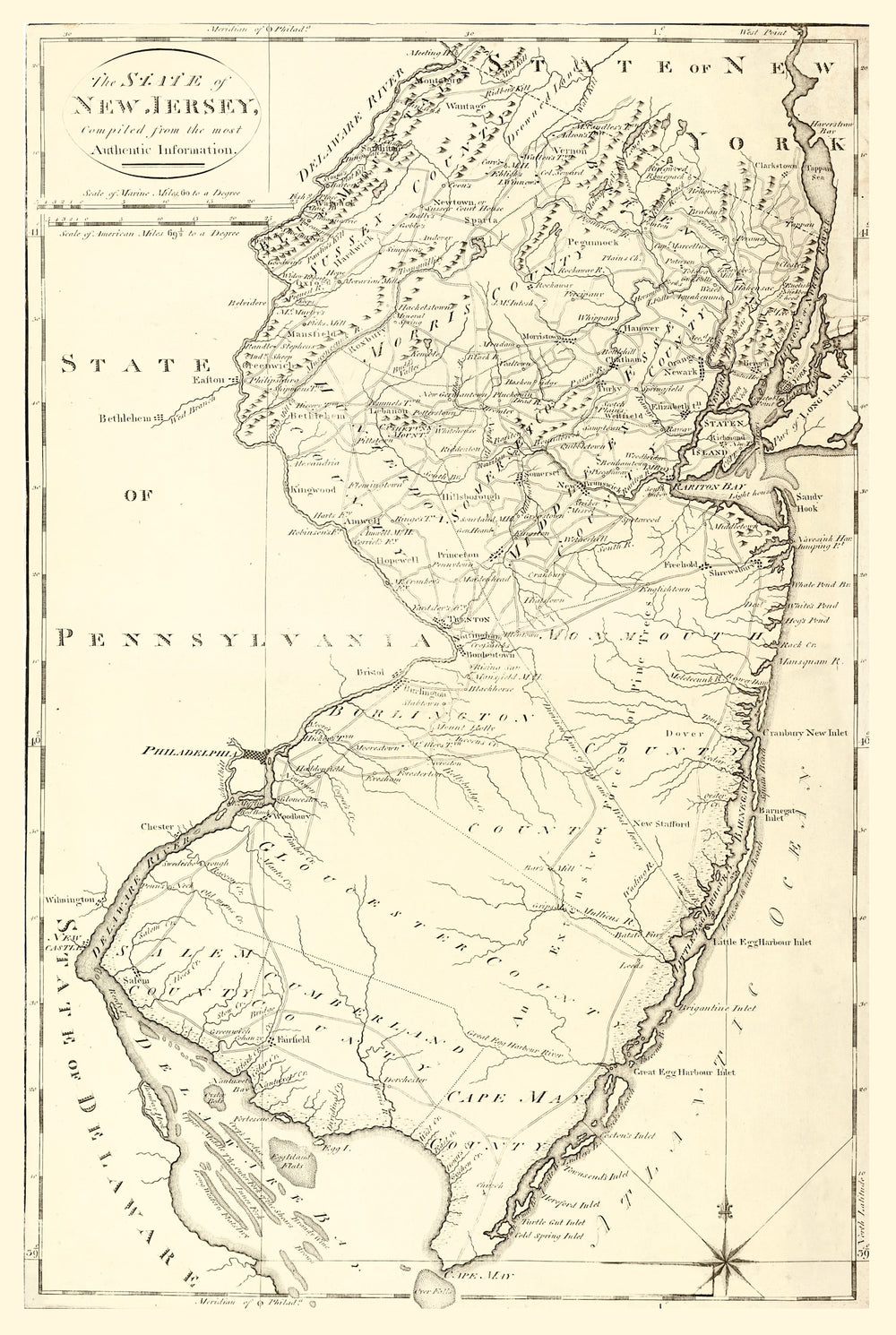 Vintage Map of New Jersey 1795 print style example