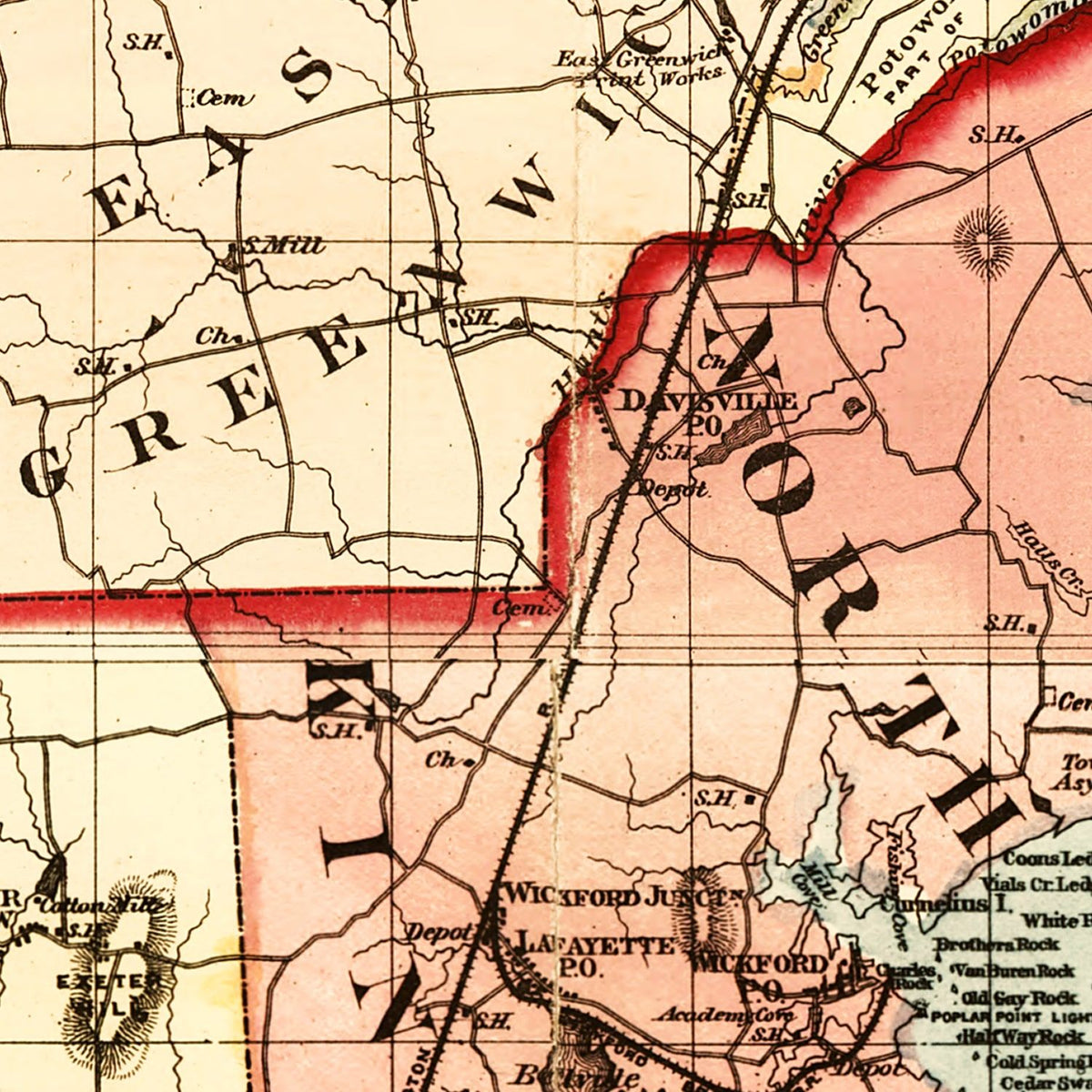 Restored historic details from the 1880 state map of Rhode Island, Rhode Island