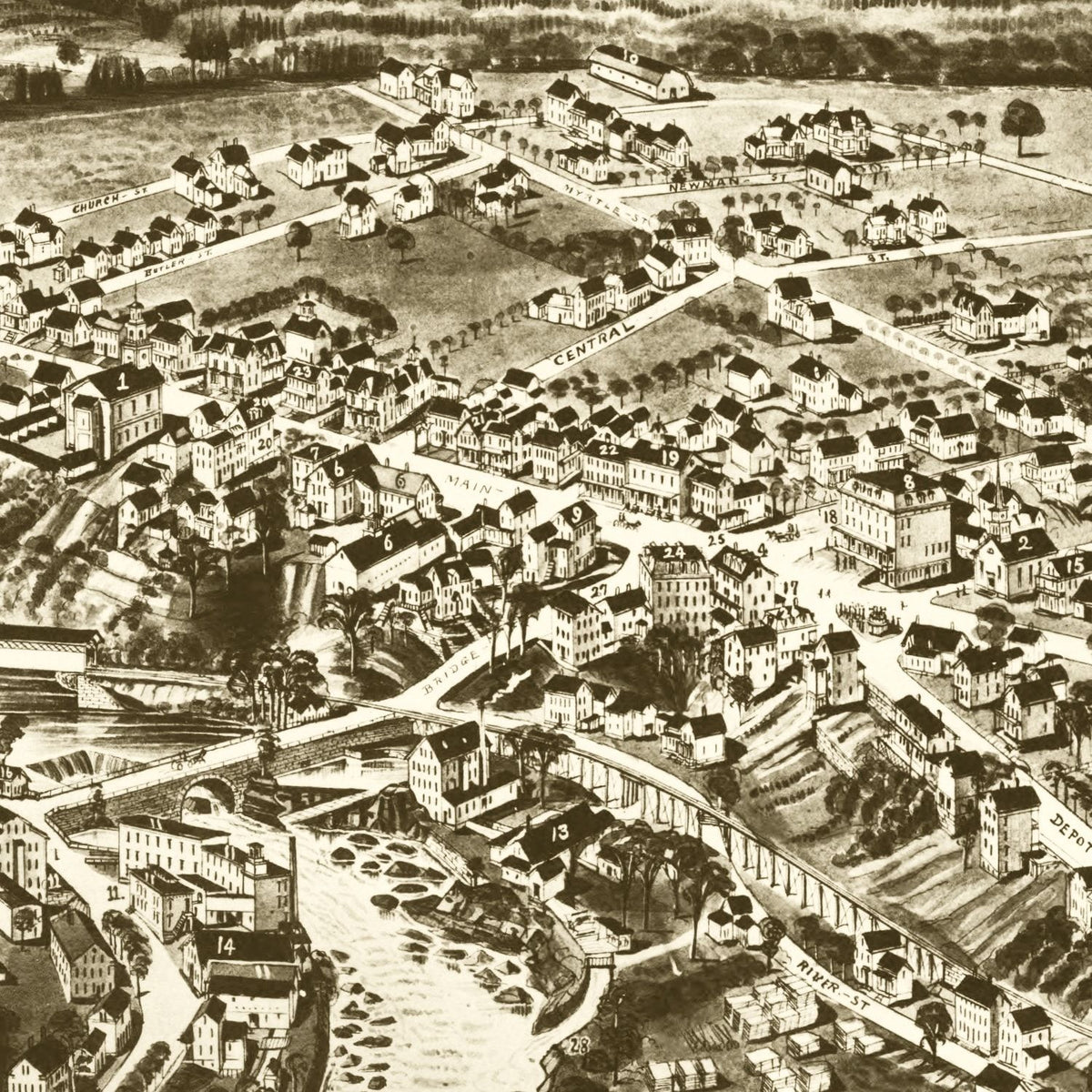 Restored historic details from the 1884 city map of Hillsborough-Bridge, New Hampshire