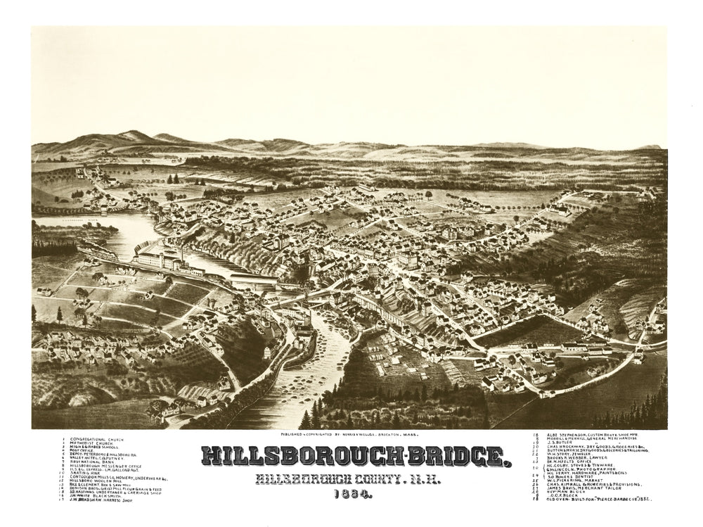 Vintage Map of Hillsborough-Bridge, New Hampshire 1884 print style example