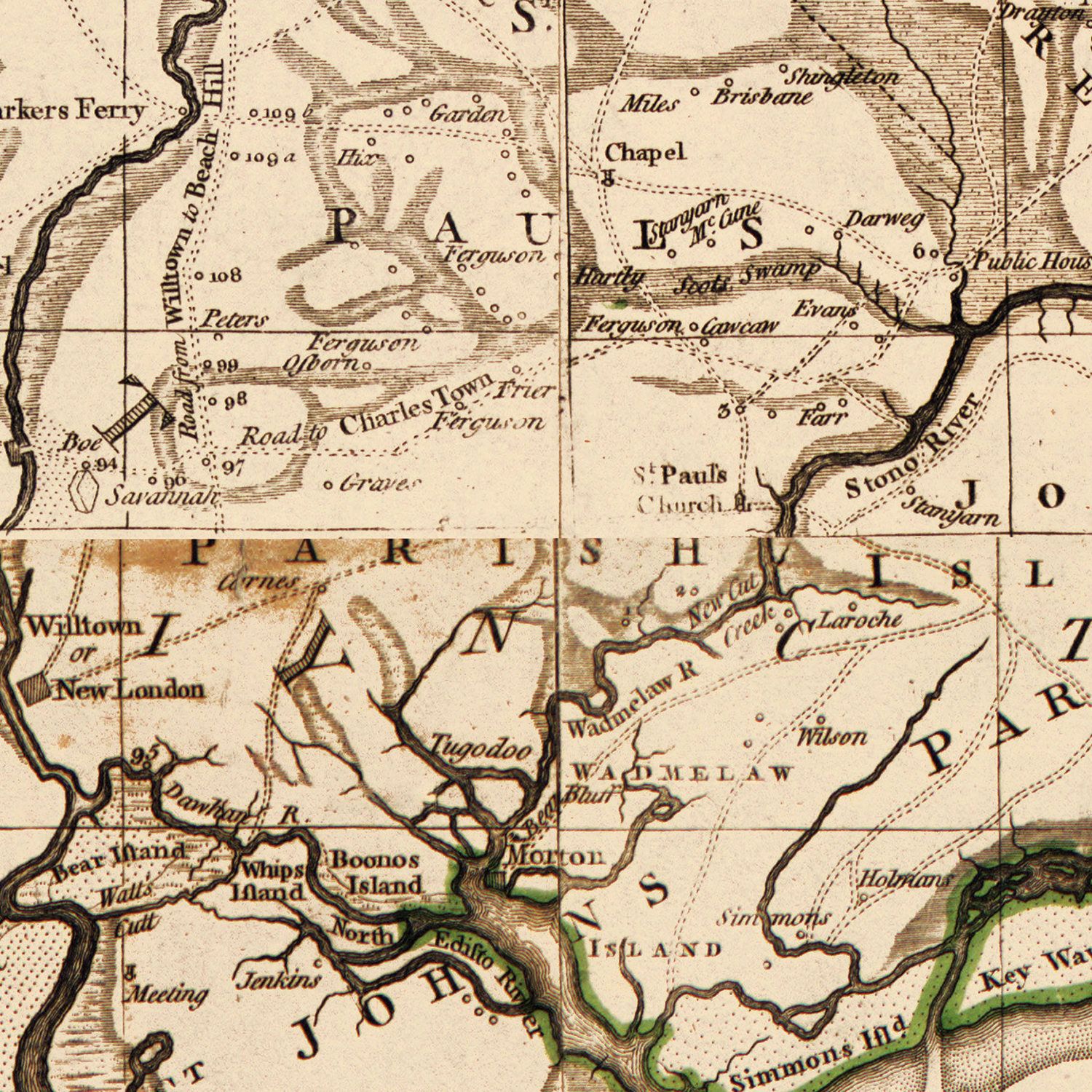 Restored historic details from the 1780 state map of South Carolina, South Carolina