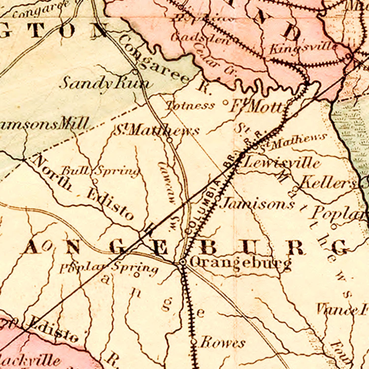 Restored historic details from the 1876 state map of South Carolina, South Carolina