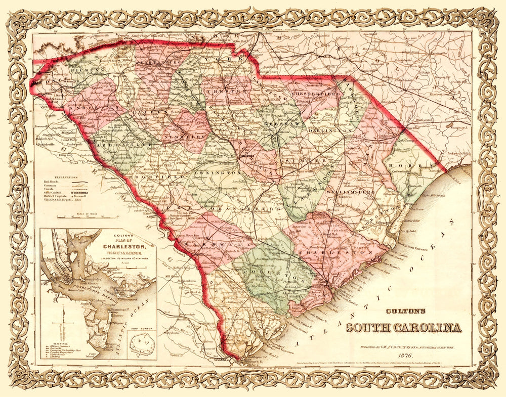 Vintage Map of South Carolina 1876 print style example