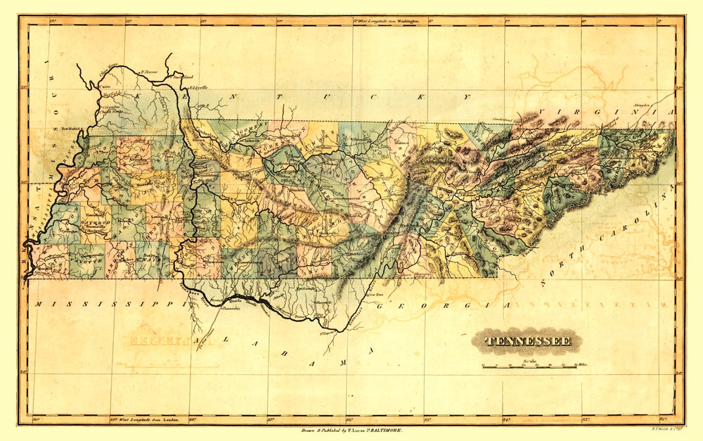 Vintage Map of Tennessee 1826 print style example