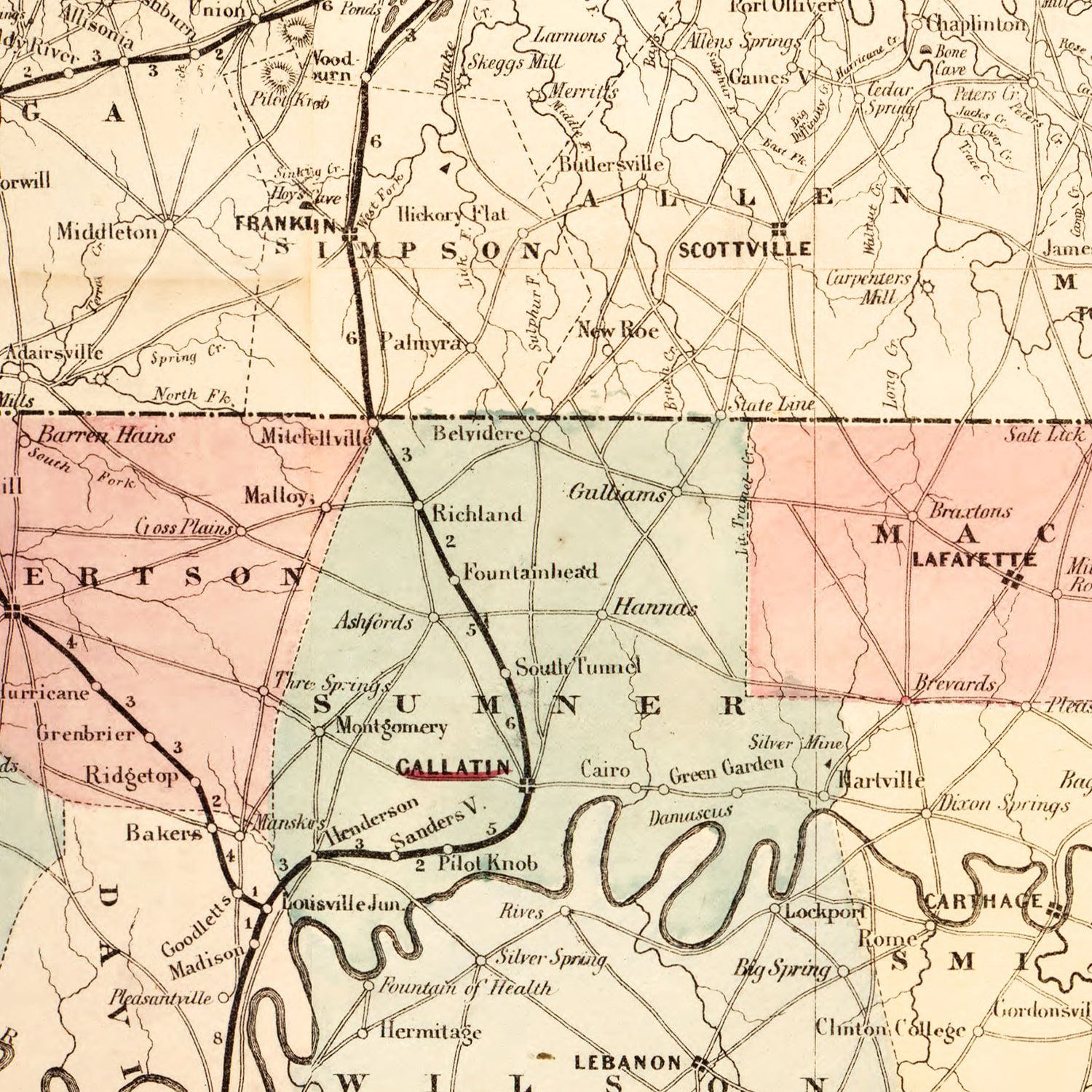 Restored historic details from the 1862 state map of Tennessee, Tennessee