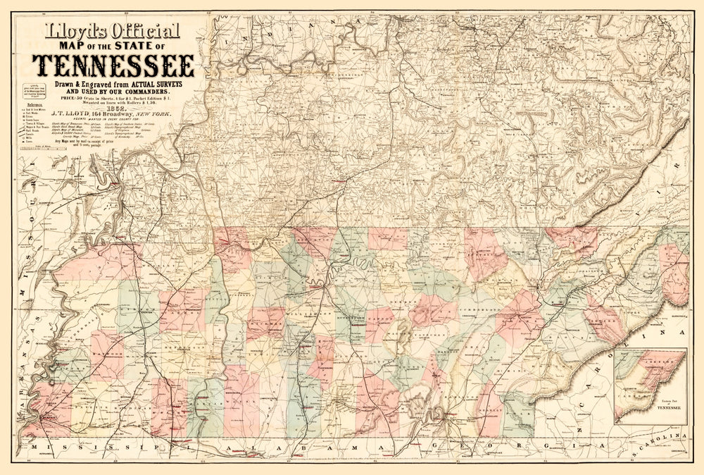 Vintage Map of Tennessee 1862 print style example