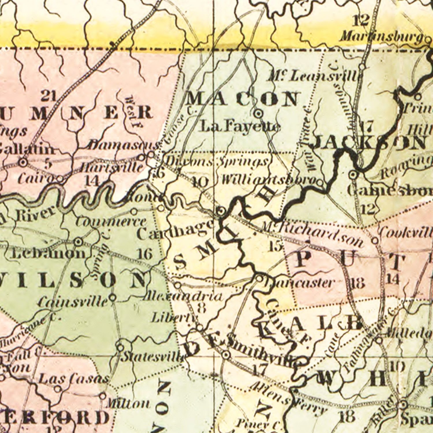 Restored historic details from the 1851 state map of Tennessee, Tennessee