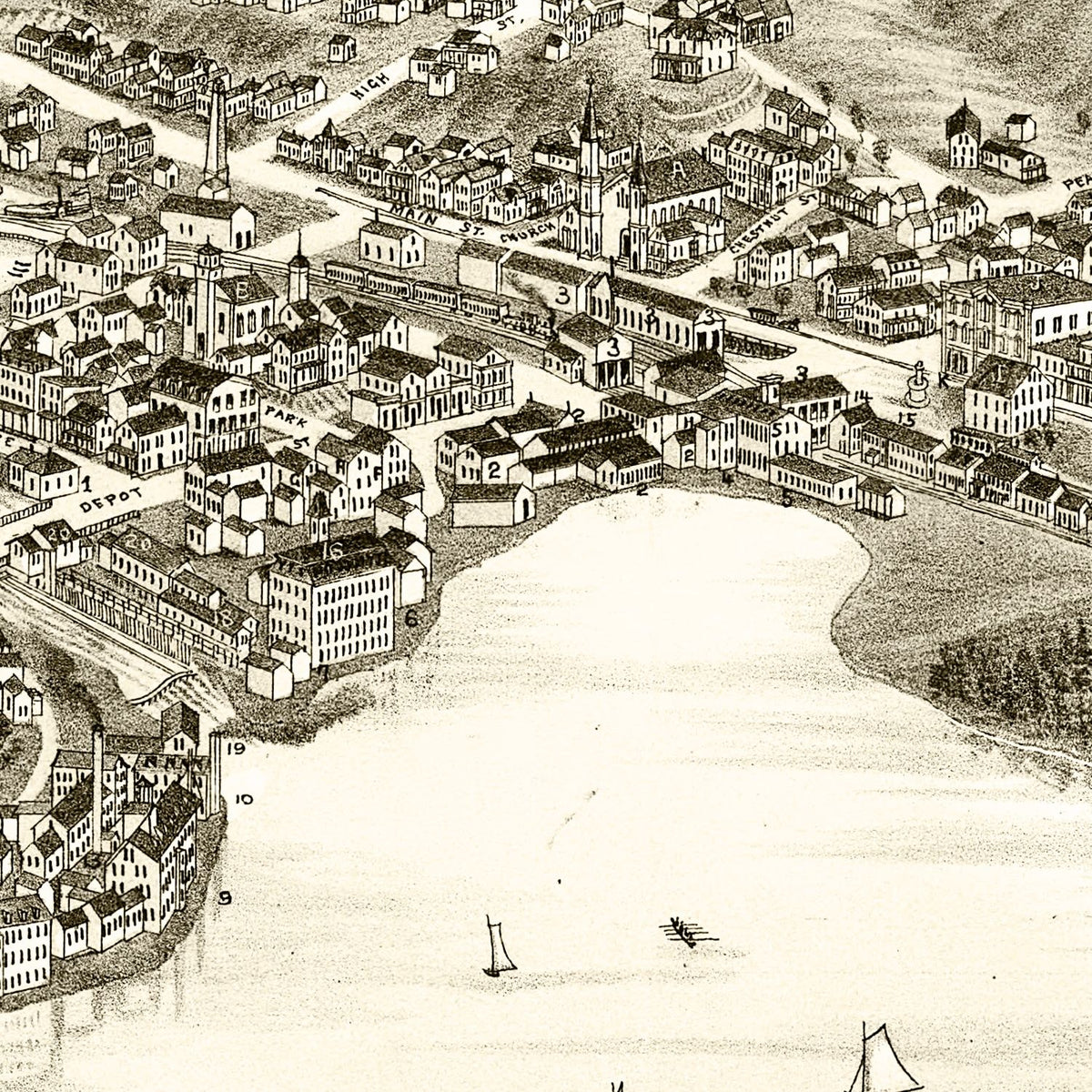 Restored historic details from the 1883 city map of Lake Village, New Hampshire
