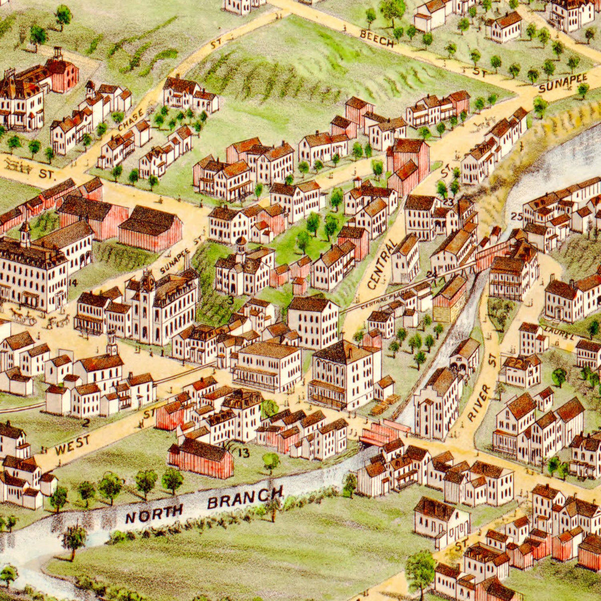 Restored historic details from the 1877 city map of Newport, New Hampshire