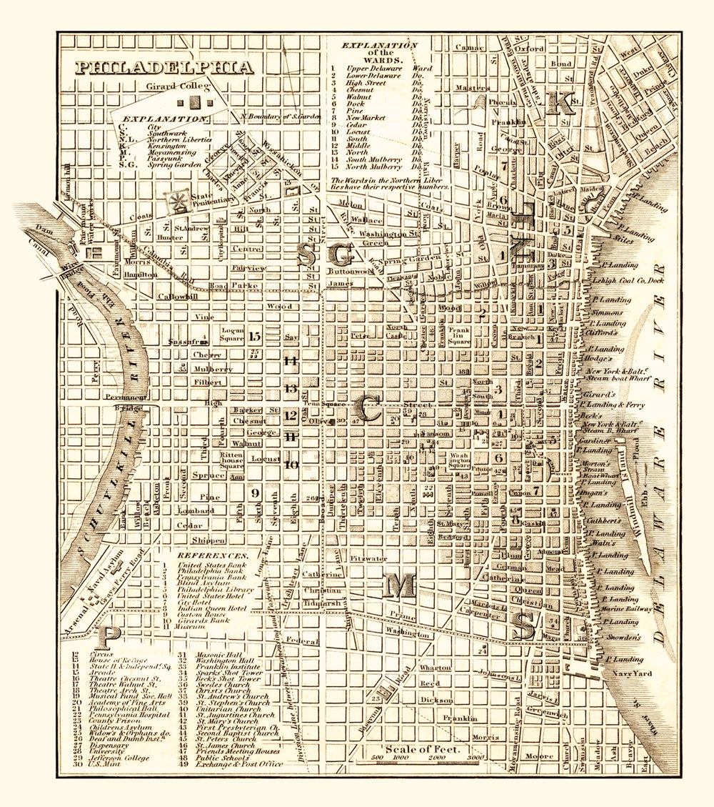 Vintage Map of Philadelphia, Pennsylvania 1844 print style example