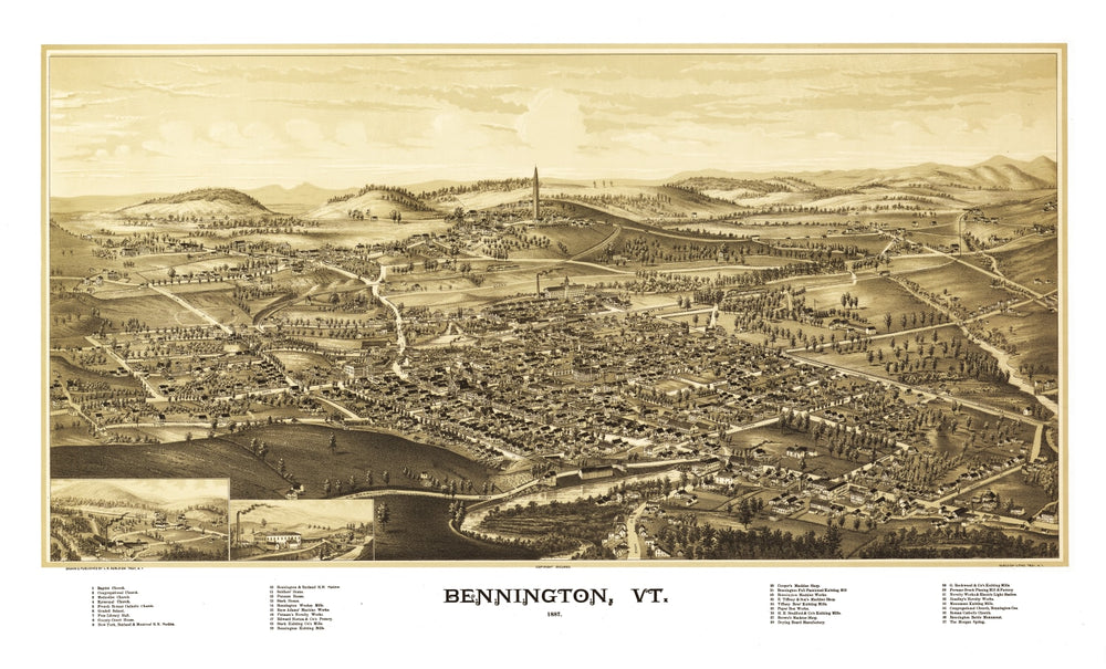 Vintage Map of Bennington, Vermont 1887 print style example