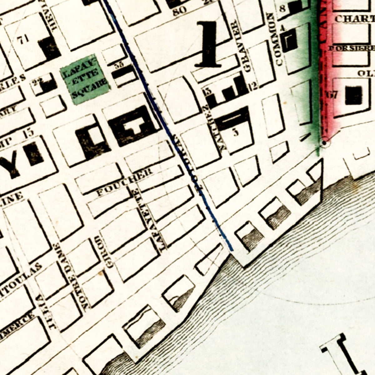 Restored historic details from the 1845 city map of New Orleans, Louisiana